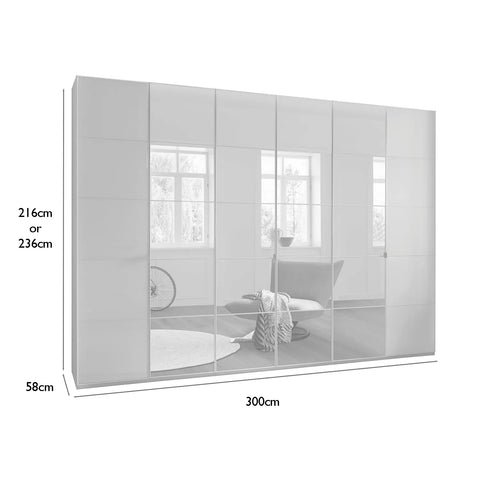 Zenith 300cm Champagne Glass 6 Door Wardrobe with Mirror