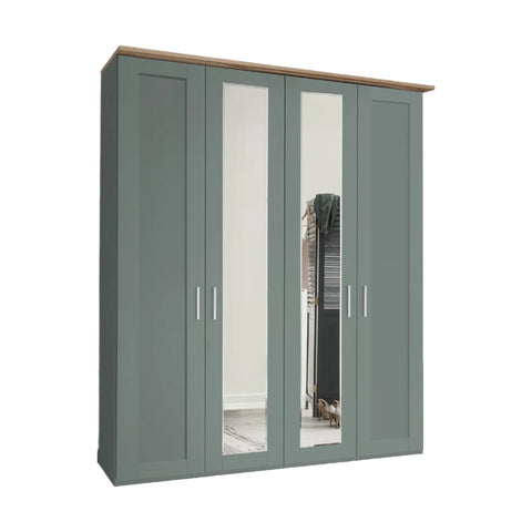 Wiemann Kempton Sage Green 4 Door Wardrobe with Mirror and Nordic Oak Cornice 