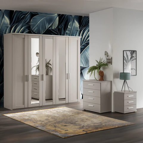 Wiemann Kempton 5 Door Wardrobe with Cornice, Width 250cm Height 220cm Available in Pebble Grey Colour, White colour, Champagne colour or Sage Green Colour.