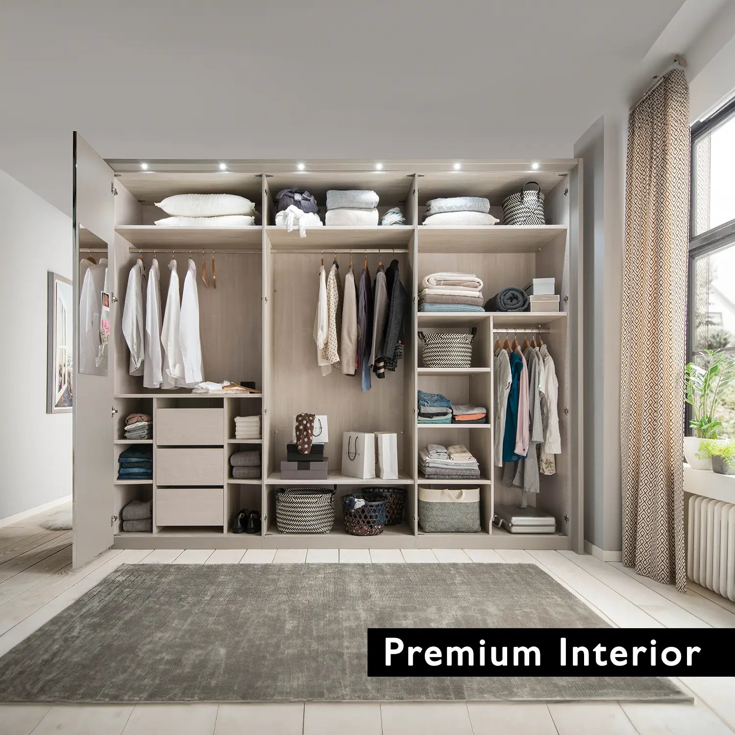 Wiemann Apollo Pebble Grey and white Glass Large 6 Door Wardrobe - Width 300cm , Height 216cm and Depth 58cm - Interior details Premium