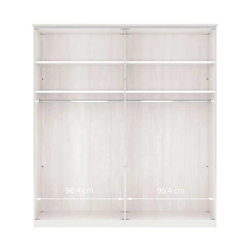 Image of Wiemann Bristol White 4 Door Wardrobe with Mirror. Option of Matt or Glass finish on side doors, with middle doors featuring mirror pads. Dimensions: Width 200cm, Height 216cm, Depth 58cm. Free Delivery and Assembly. 12 months interest-free pay monthly available. - Interior Details