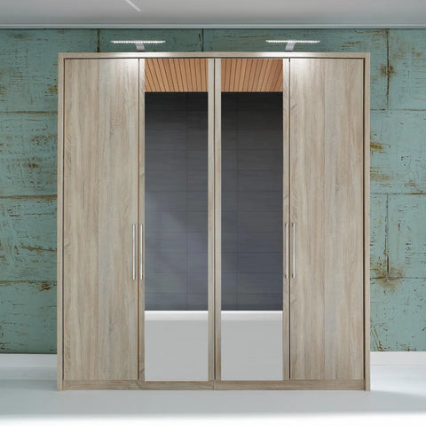 Wiemann Berlin Oak and Mirror 4 Door Wardrobe 200cm Wide