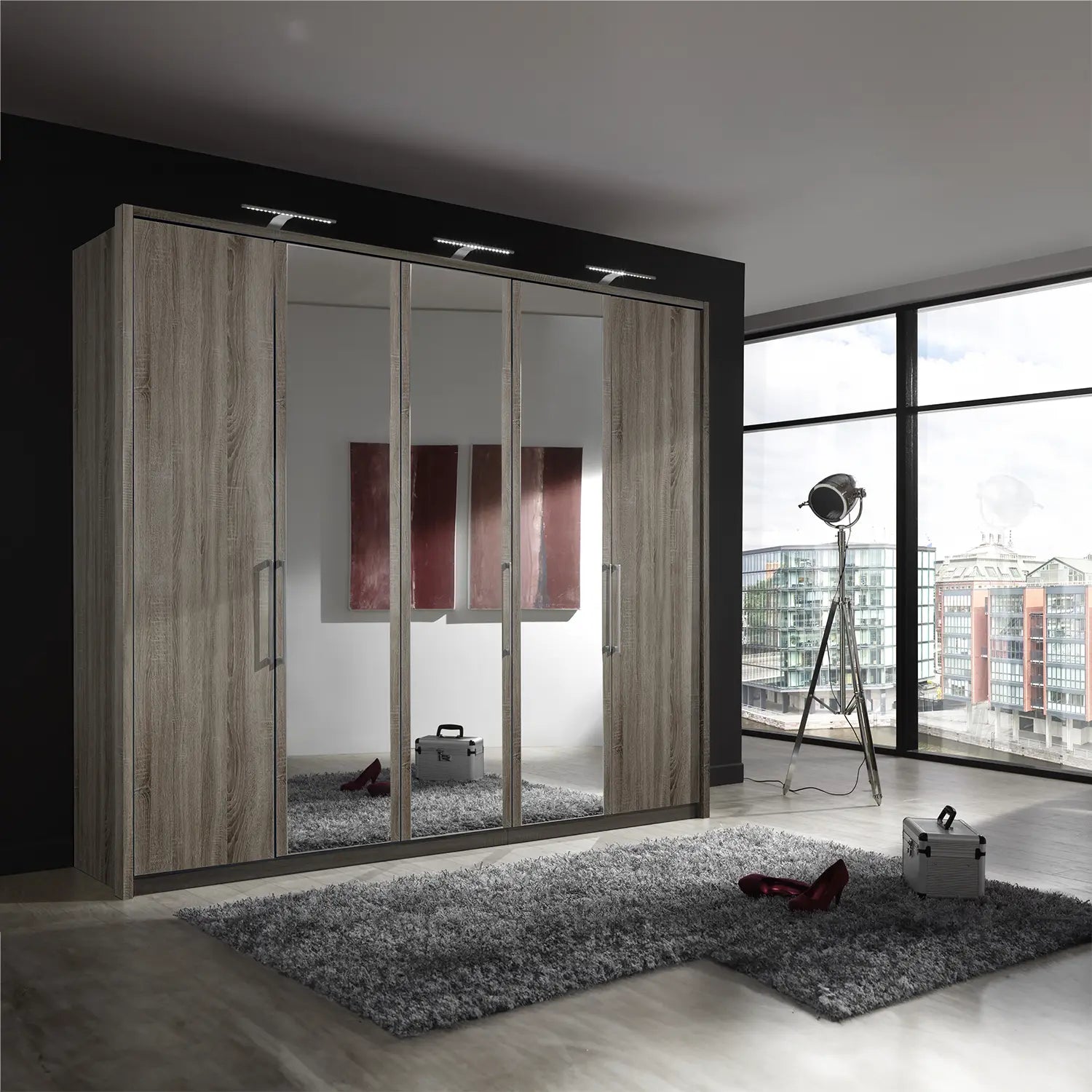 Wiemann Bristol Rustic Oak and Mirror Front 4 Door Wardrobe