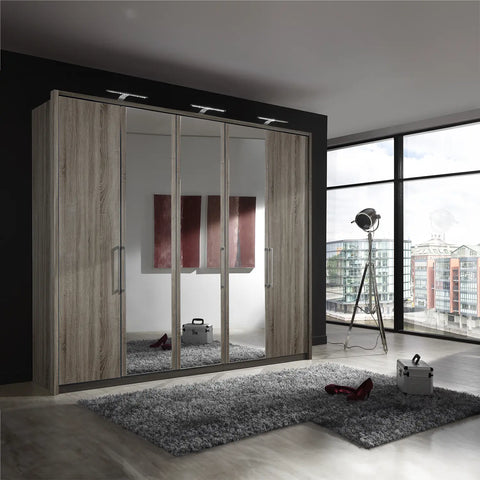 Wiemann Oak and Mirror 5 Door Hinged Wardrobe 250cm Wide