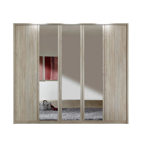 Wiemann Oak and Mirror 5 Door Wardrobe 250cm Wide Hinged Wardrobe Sale