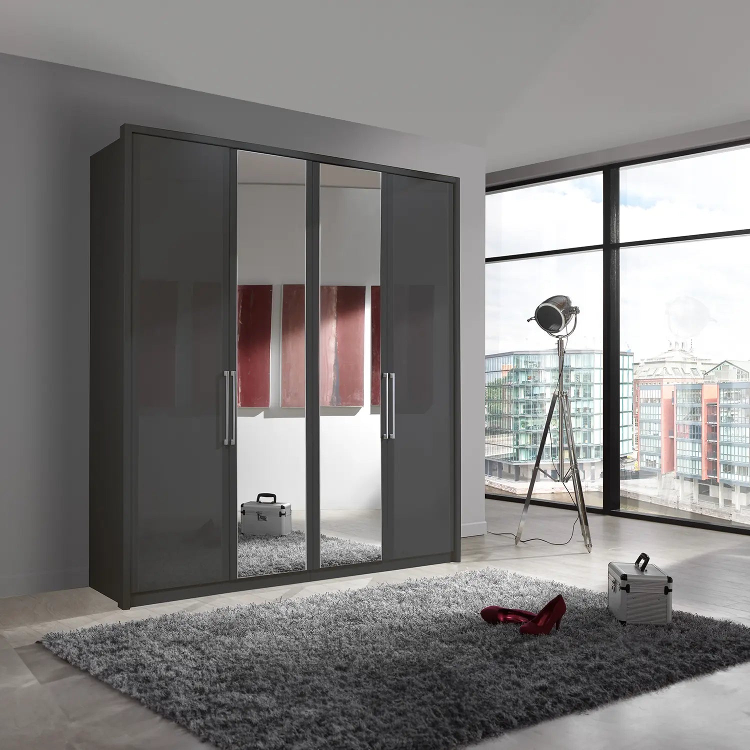 Wiemann Bristol Graphite and Mirror Front 4 Door Wardrobe