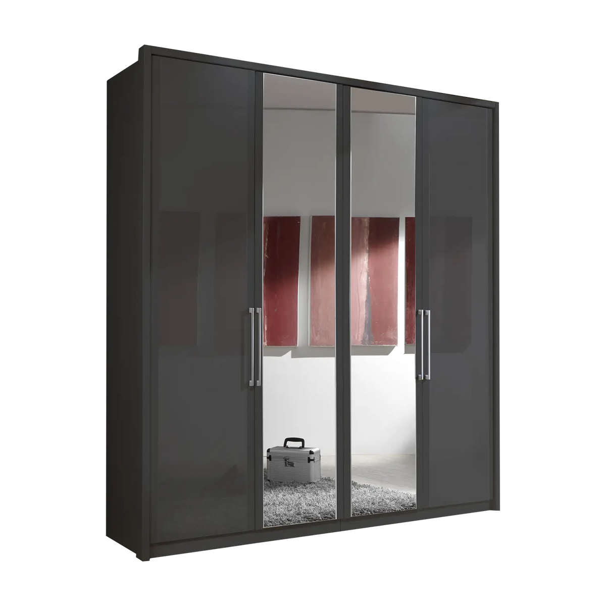 Image of Wiemann Bristol 4 Door Wardrobe with Graphite Carcase. Option of Matt or Glass finish on side doors, with middle doors featuring mirror pads. Dimensions: Width 200cm, Height 216cm, Depth 58cm. Free Delivery and Assembly. 12 months interest-free pay monthly available. - Main Image