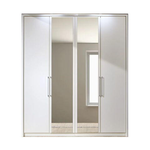 Image of Wiemann Bristol White 4 Door Wardrobe with Mirror. Option of Matt or Glass finish on side doors, with middle doors featuring mirror pads. Dimensions: Width 200cm, Height 216cm, Depth 58cm. Free Delivery and Assembly. 12 months interest-free pay monthly available. - Front View White Background Image