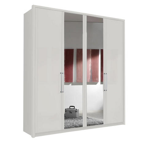 Image of Wiemann Bristol White 4 Door Wardrobe with Mirror. Option of Matt or Glass finish on side doors, with middle doors featuring mirror pads. Dimensions: Width 200cm, Height 216cm, Depth 58cm. Free Delivery and Assembly. 12 months interest-free pay monthly available. - Main Image