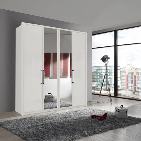 Image of Wiemann Bristol White 4 Door Wardrobe with Mirror. Option of Matt or Glass finish on side doors, with middle doors featuring mirror pads. Dimensions: Width 200cm, Height 216cm, Depth 58cm. Free Delivery and Assembly. 12 months interest-free pay monthly available. - Slate Door Handles