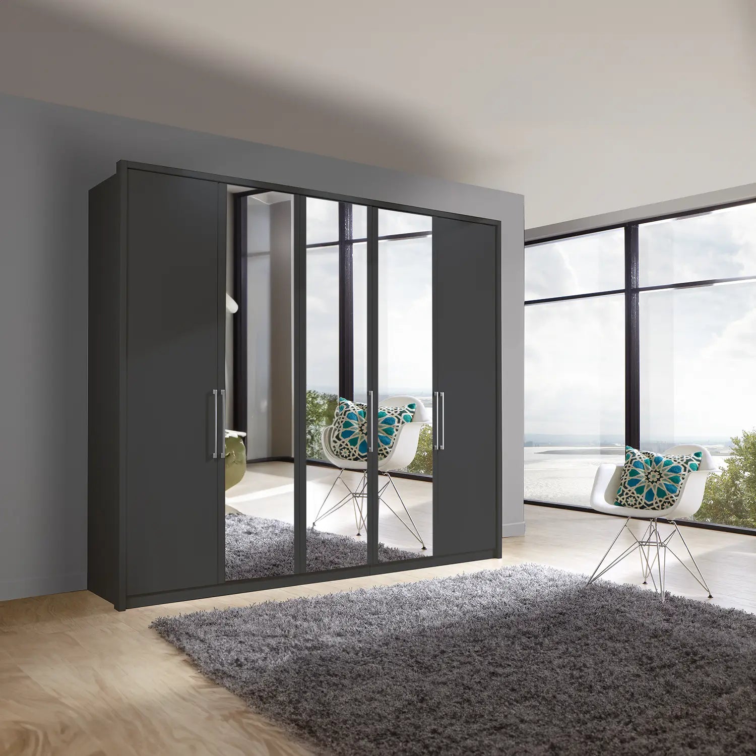 Wiemann Bristol Graphite and Mirror Front 4 Door Wardrobe