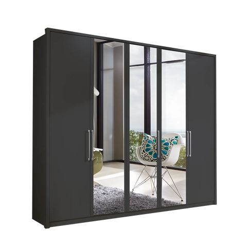 Image of Wiemann Bristol 5 Door Wardrobe with Graphite Carcase. Option of Matt or Glass finish on side doors, with middle doors featuring mirror pads. Dimensions: Width 250cm, Height 216cm, Depth 58cm. Free Delivery and Assembly. 12 months interest-free pay monthly available. - White Background