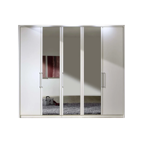 Image of Wiemann Bristol White 5 Door Wardrobe with Mirror. Option of Matt or Glass finish on side doors, with middle doors featuring mirror pads. Dimensions: Width 250cm, Height 216cm, Depth 58cm. Free Delivery and Assembly. 12 months interest-free pay monthly available. - Front View White background