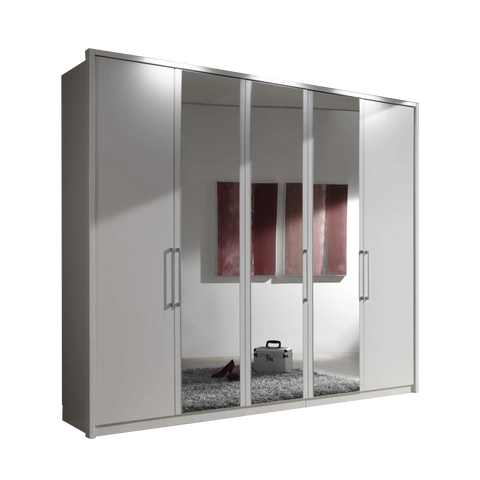 Image of Wiemann Bristol White 5 Door Wardrobe with Mirror. Option of Matt or Glass finish on side doors, with middle doors featuring mirror pads. Dimensions: Width 250cm, Height 216cm, Depth 58cm. Free Delivery and Assembly. 12 months interest-free pay monthly available. - Side View White Background Image