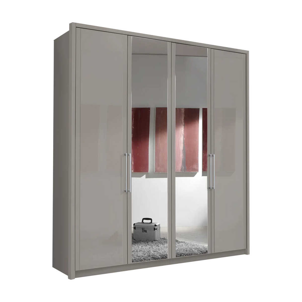 Image of Wiemann Bristol Pebble Grey 4 Door Wardrobe with Mirror. Option of Matt or Glass finish on side doors, with middle doors featuring mirror pads. Dimensions: Width 200cm, Height 216cm, Depth 58cm. Free Delivery and Assembly. 12 months interest-free pay monthly available. - Main Image