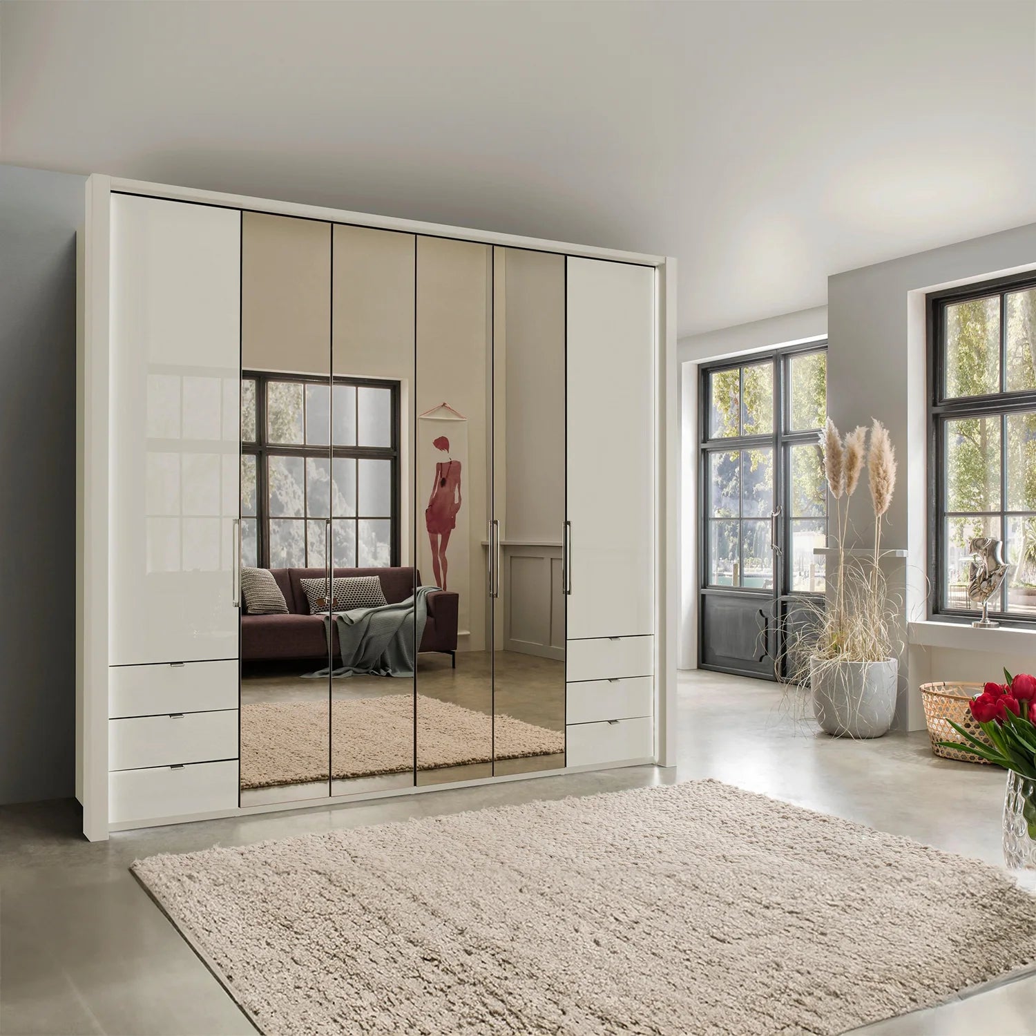 Wiemann Kansas Large 6 Door Champagne Wardrobe with Mirror