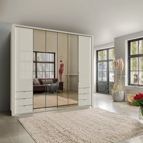 Wiemann Kansas Large 6 Door Champagne Wardrobe with Mirror and Drawers and Passepartout Light Frame, Bi-Folding Doors - Lifestyle