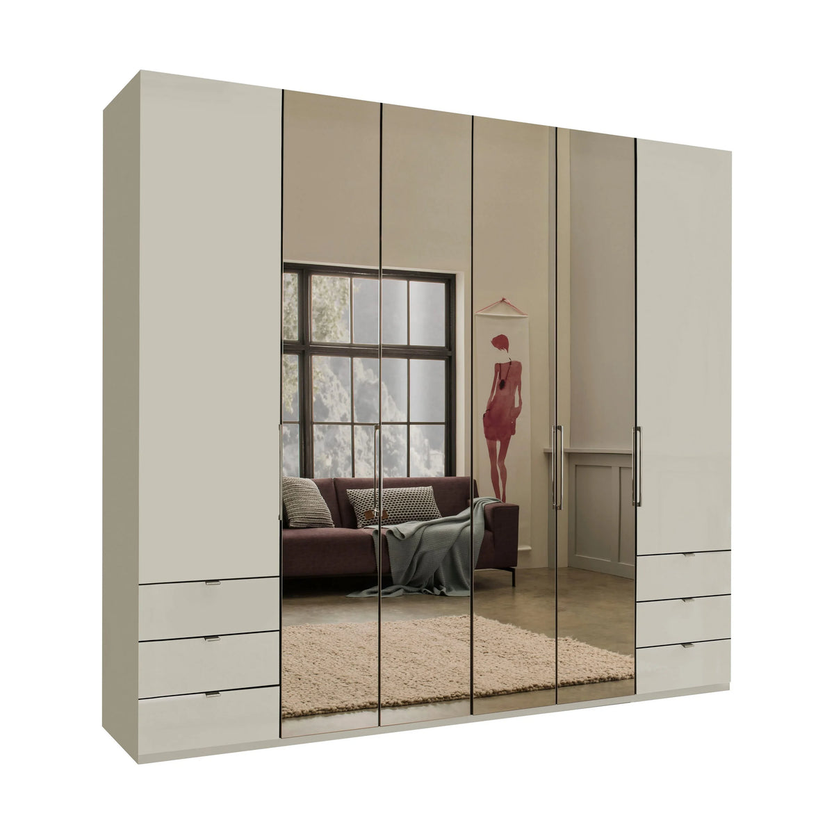 Wiemann Kansas Large 6 Door Champagne Wardrobe with Mirror and Drawers, Bi-Folding Doors 