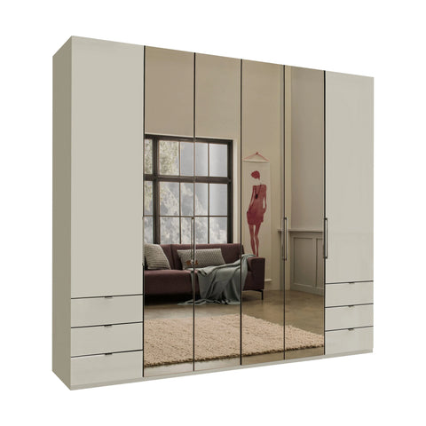 Wiemann Kansas Large 6 Door Champagne Wardrobe with Mirror and Drawers, Bi-Folding Doors 