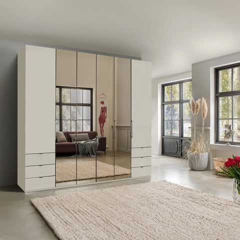 Wiemann Kansas Large 6 Door Champagne Wardrobe with Mirror and Drawers, Bi-Folding Doors  - Lifestyle