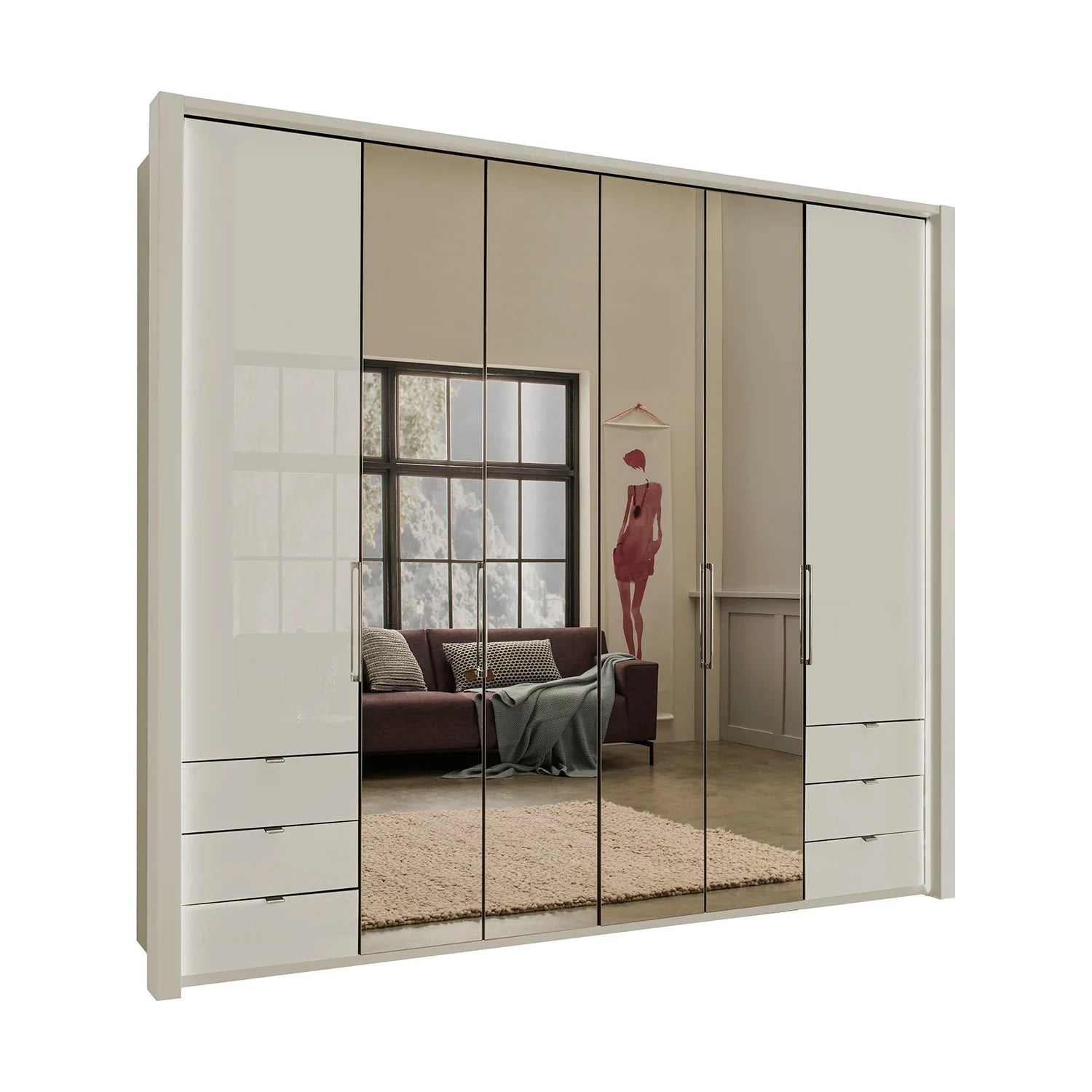 Wiemann Kansas Large 6 Door Havana Glass Wardrobe with Mirror & LED Light