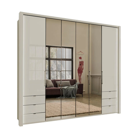 Wiemann Kansas Large 6 Door Champagne Wardrobe with Mirror and Drawers and Passepartout Light Frame, Bi-Folding Doors 