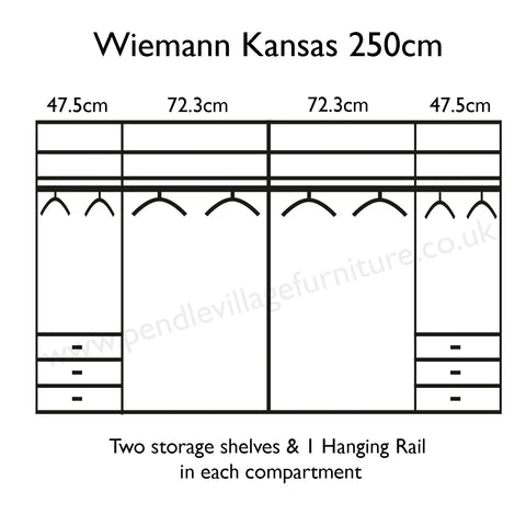 250 CM Wide Wiemann Kansas 6 Bi folding Door Wardrobe with drawers and Mirror 