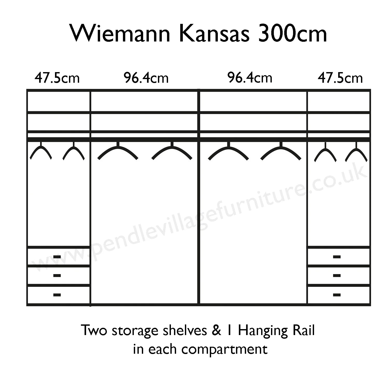 300 CM Wide Wiemann Kansas 6 Bi folding Door Wardrobe with drawers and Mirror 