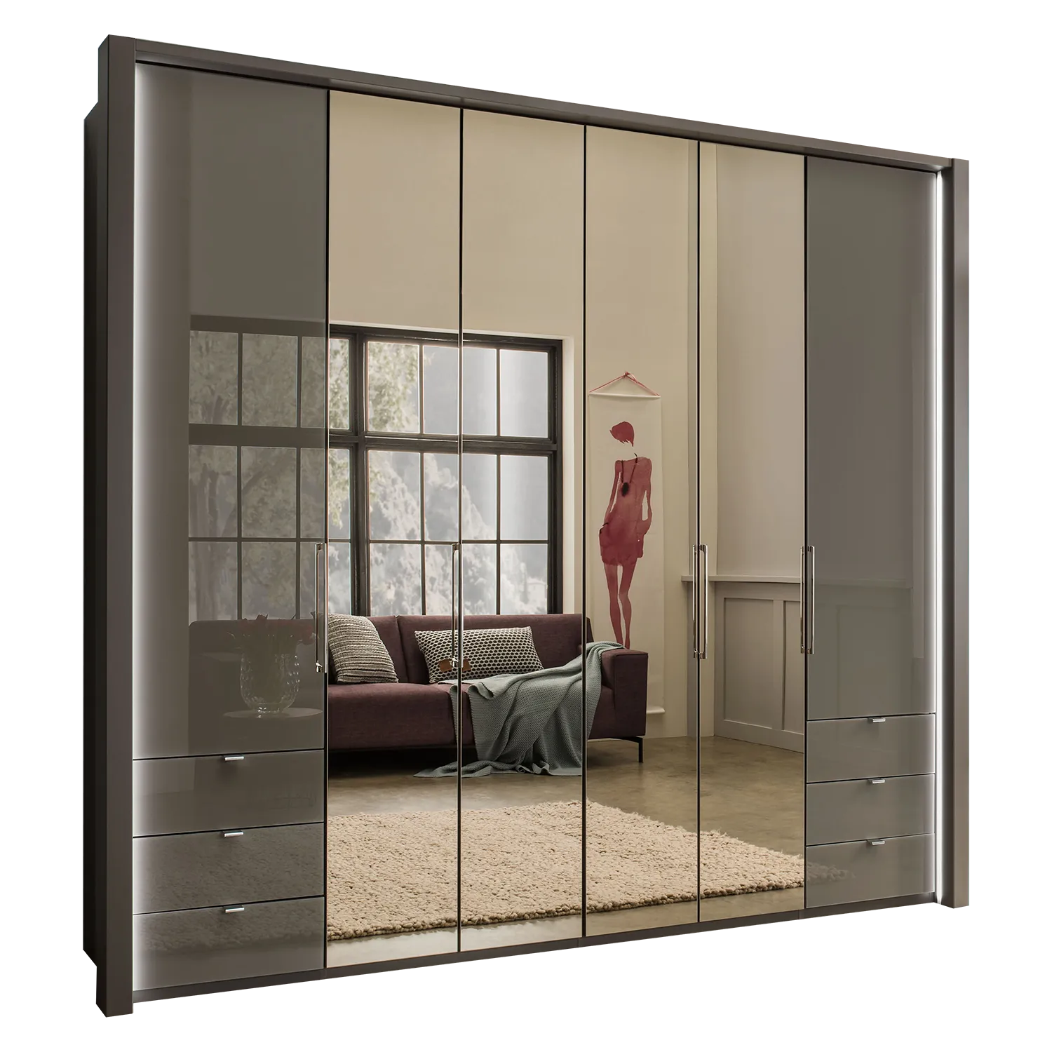 Wiemann Kansas Large 6 Door Havana Glass Wardrobe with Mirror & LED Light