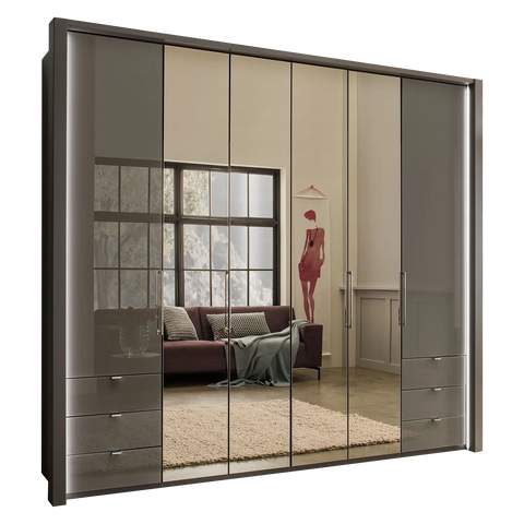 Wiemann Kansas Large 6 Door Havana Glass Wardrobe with Mirror & LED Light