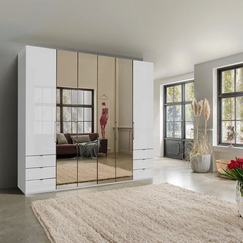 Wiemann Kansas Large 6 Door 250cm White Glass Wardrobe with Mirror and drawers