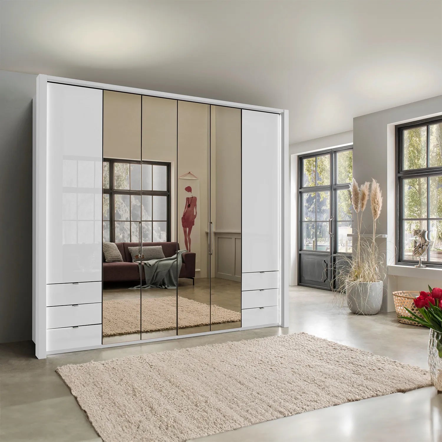 Wiemann Kansas Large 6 Door White Glass Wardrobe with Mirror