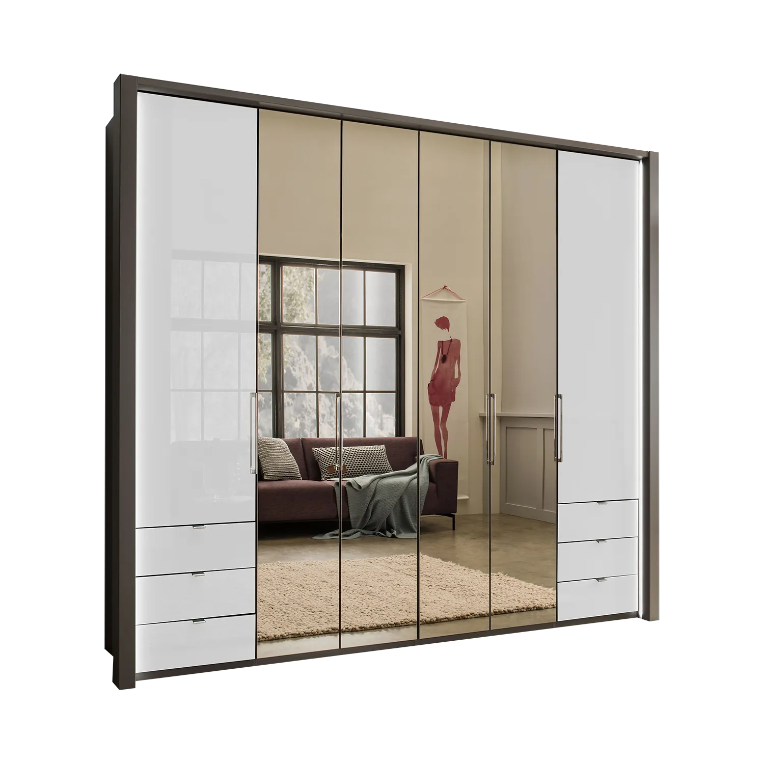 Wiemann Kansas Large 6 Door Havana Glass Wardrobe with Mirror & LED Light