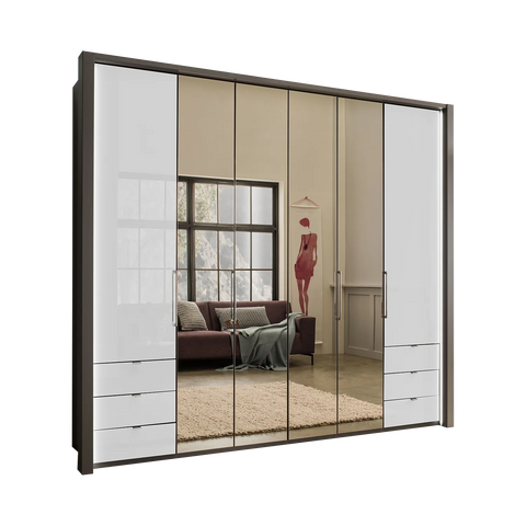 Wiemann Kansan White Glass Front 6 door 250cm Wide Wardrobe with drawers and Mirrors, carcase colour Havana 