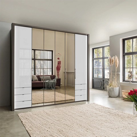 Wiemann Kansan White Glass Front 6 door 300cm Wide Wardrobe with drawers and Mirrors, carcase colour Havana 