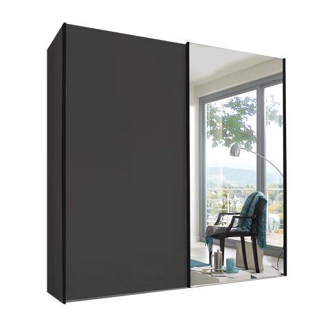 Wiemann Houston 200cm Graphite Glass & Mirror Front 2 Door Sliding Wardrobe -Decore Finish with slate door handles