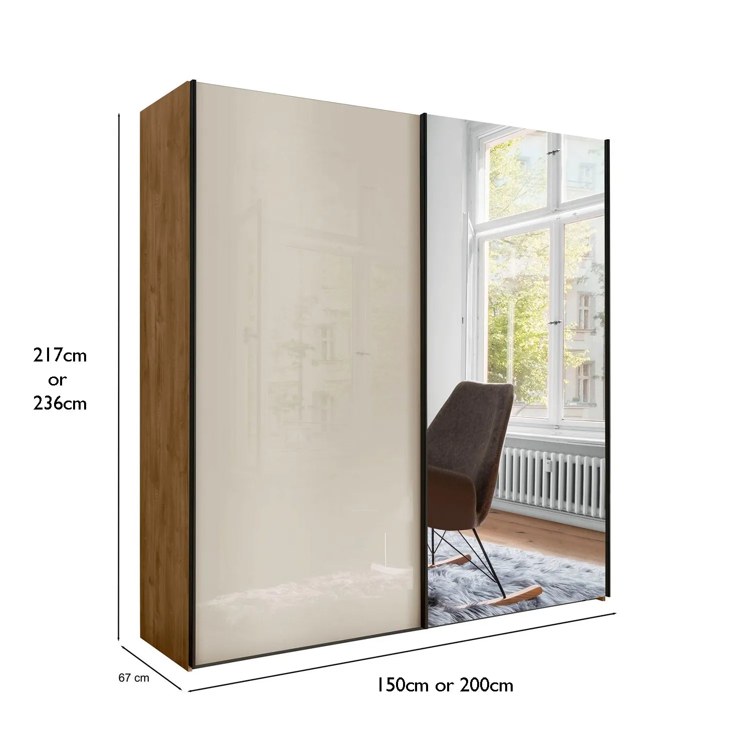 Monaco 3000 Bianco Oak Champagne 2 Door Sliding Wardrobe with Mirror