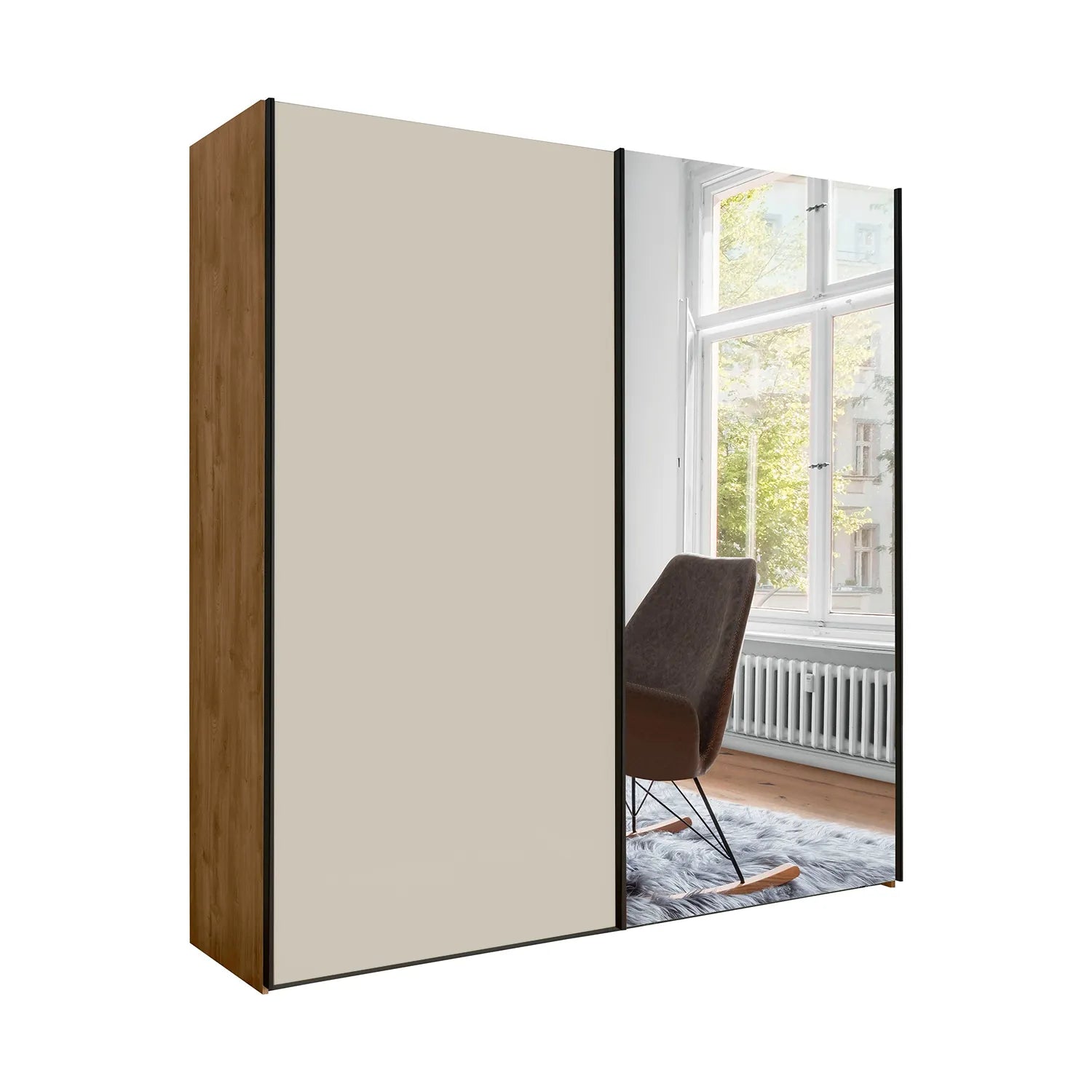 Monaco 3000 Bianco Oak Champagne 2 Door Sliding Wardrobe with Mirror