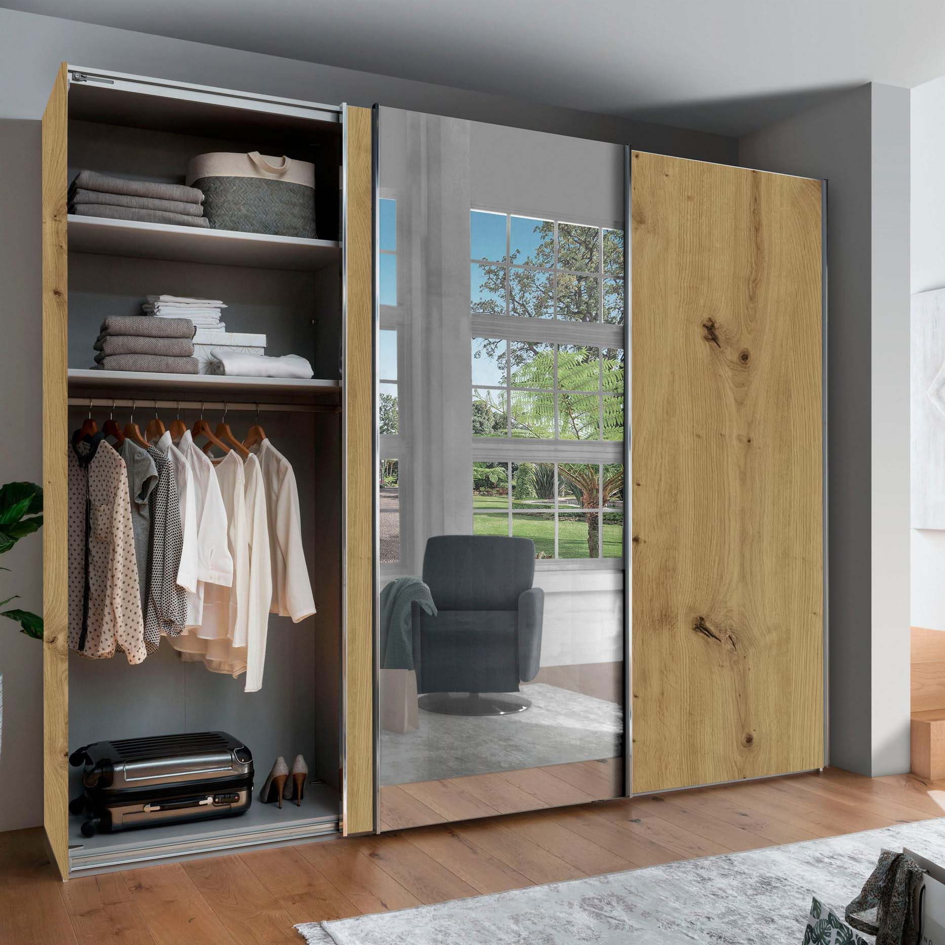 Monaco 3000 Bianco Oak Large Sliding Door Wardrobe with Mirror