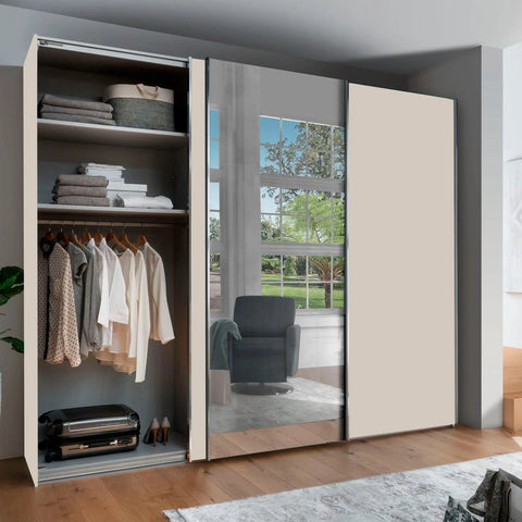 Monroe Champagne 3 Door Sliding Wardrobe with Mirror, Available in 4 width sizes 225, 250, 280, 300 and 2 Height sizes 217 and 236-Lifestyle Open Door Image