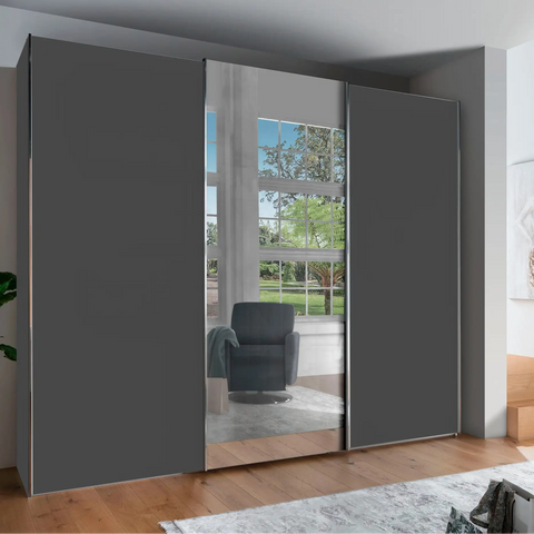 Wiemann Monroe Graphite Mirrored 3 Door Sliding Wardrobe, Available in 4 width sizes 225, 250, 280, 300 and 2 Height sizes 217 and 236-Lifestyle Image