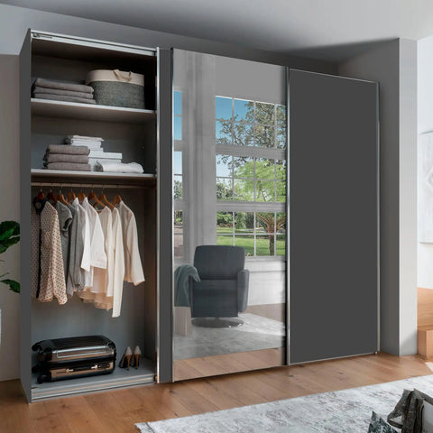 Wiemann Monroe Graphite Mirrored 3 Door Sliding Wardrobe, Available in 4 width sizes 225, 250, 280, 300 and 2 Height sizes 217 and 236-Lifestyle Open Door Image