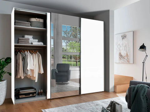 Monroe White Sliding Door Wardrobe with Mirror, Available in 4 width sizes 225, 250, 280, 300 and 2 Height sizes 217 and 236-Lifestyle Open Door Image