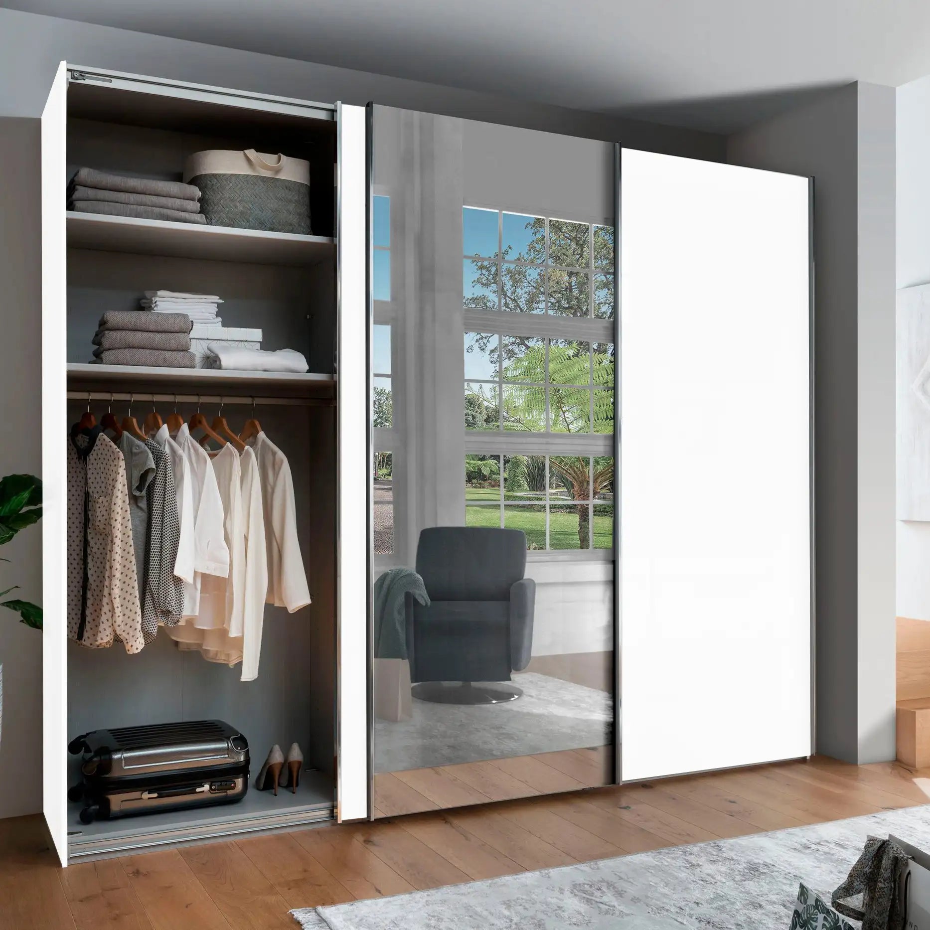 Monroe Matte White Sliding 3 Door Wardrobe with Mirror