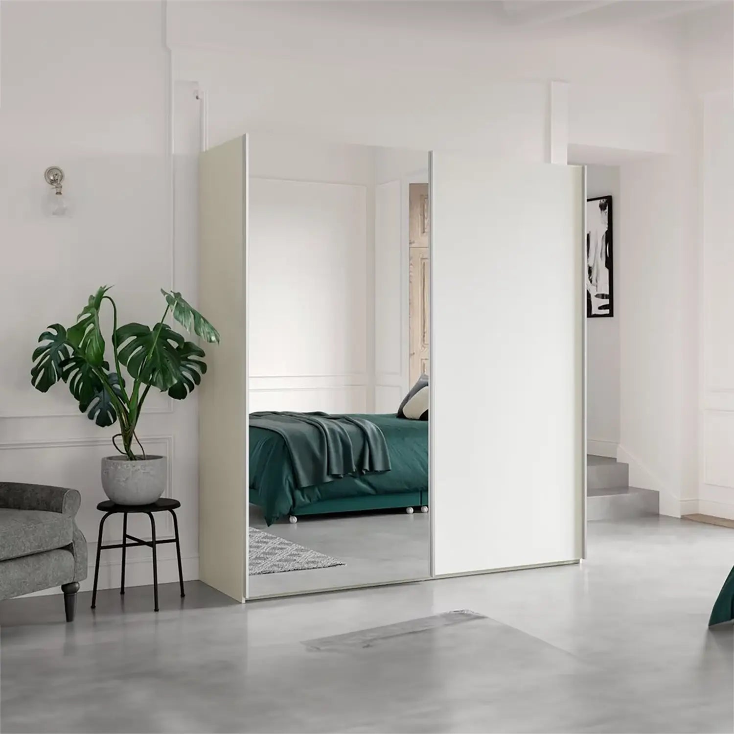 Wiemann Oxford 2 Door Sliding 150cm Wardrobe with Mirror. Size Width 150cm, Height 217cm and Depth 68cm, Colour White Wardrobe with Mirror  - 003