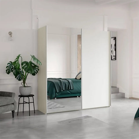 Wiemann Oxford 2 Door Sliding 200 cm Wardrobe with Mirror. Size Width 200cm, Height 217cm and Depth 68cm, Colour White Wardrobe with Mirror - 003