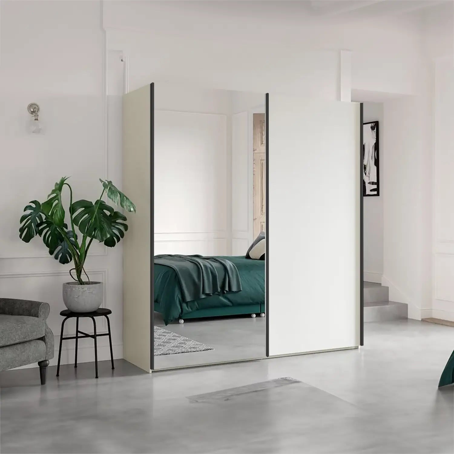 Wiemann Oxford 2 Door Sliding 200 cm Wardrobe with Mirror. Size Width 200cm, Height 217cm and Depth 68cm, Colour White Wardrobe with Mirror - 002