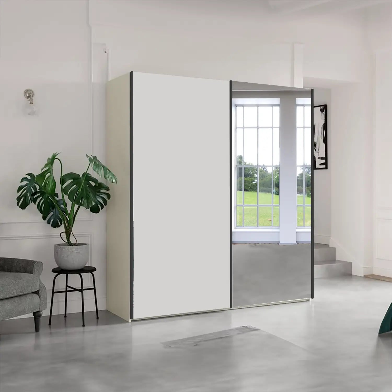 Wiemann Oxford 2 Door Sliding 200 cm Wardrobe with Mirror. Size Width 200cm, Height 217cm and Depth 68cm, Colour White Wardrobe with Mirror - 006