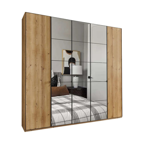 Zenith 250cm 5 Door Hinged Bianco Oak Mirrored Wardrobe. Available in heights 216cm and 236cm. Also available in various colours and sizes - Main Image