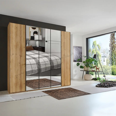 Zenith 250cm 5 Door Hinged Bianco Oak Mirrored Wardrobe. Available in heights 216cm and 236cm. Also available in various colours and sizes - Lifestyle Image